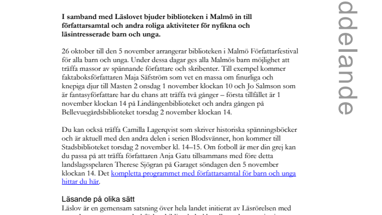 Biblioteken i Malmö lovar spännande möten under Läslovet