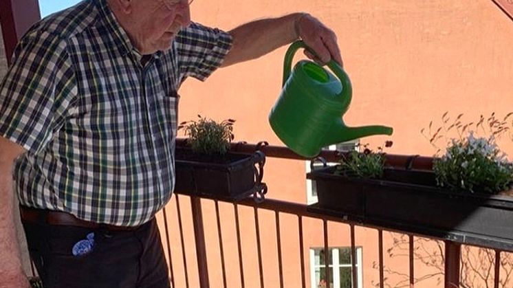 Hugo, boende på Förenade Care Magnoliagården hjälper till att vattna blommorna på balkongen.