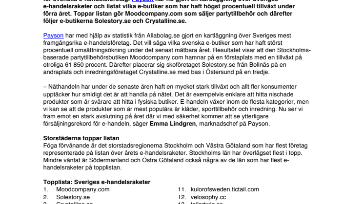 Ny kartläggning från Payson visar: Här är Sveriges 100 mest framgångsrika e-handelsbutiker