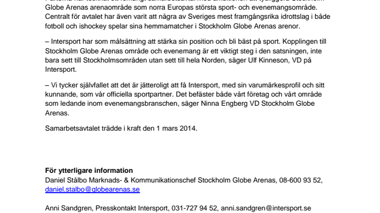 Stockholm Globe Arenas tecknar samarbetsavtal med Intersport 