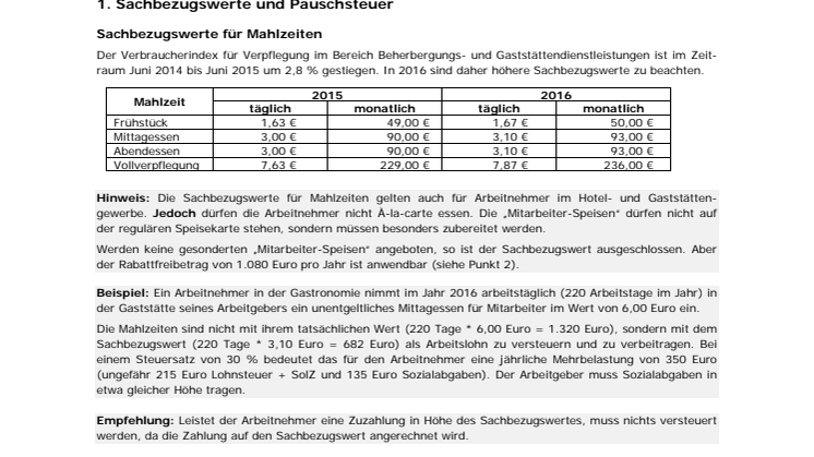 Kost & Logis für Arbeitnehmer in der Gastronomie und Hotellerie:  neues Merkblatt 2016