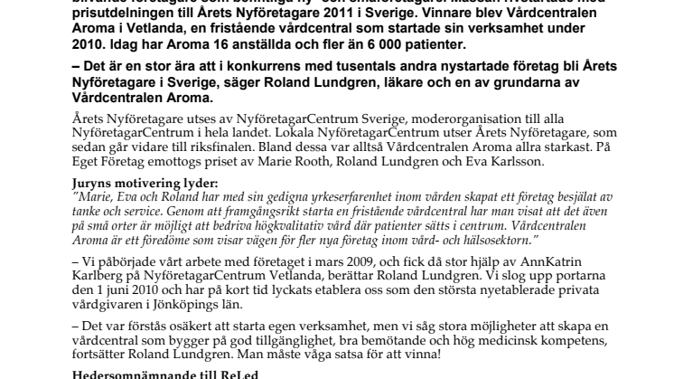 Vårdcentralen Aroma är Årets Nyföretagare i Sverige 2011