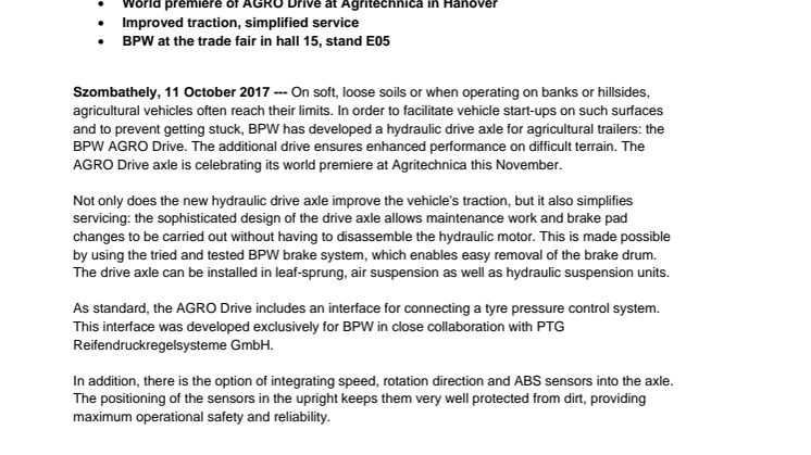 BPW develops hydraulic drive axle AGRO Drive for agricultural trailers