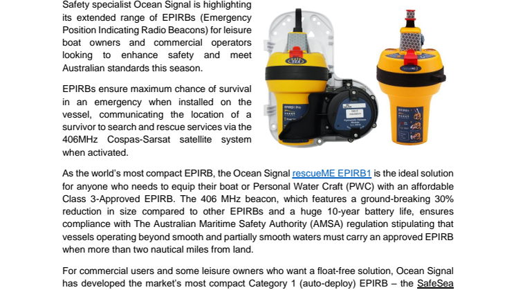 Ocean Signal Extends Range of EPIRBs for Leisure and Commercial Users