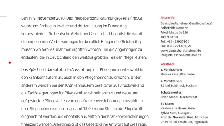 Deutsche Alzheimer Gesellschaft zur Verabschiedung des Pflegepersonal-Stärkungsgesetzes