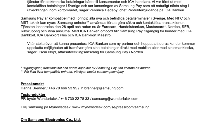 Samsung Pay välkomnar ICA Banken som ny partner