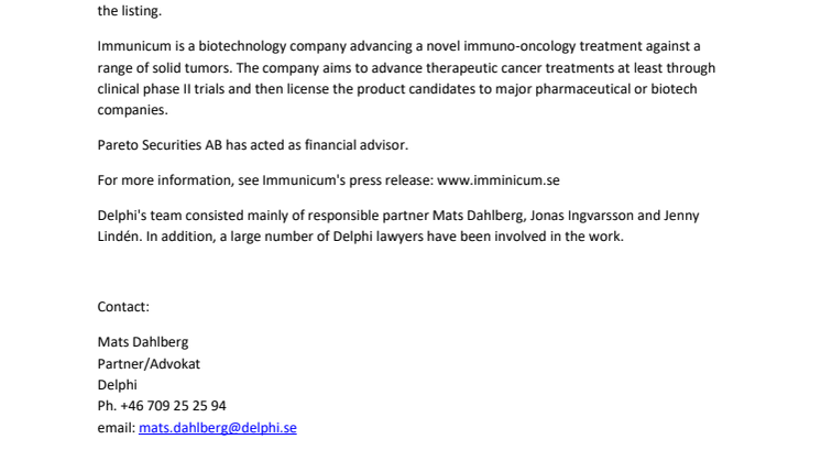 Delphi advisor to Immunicum in connection with listing on Nasdaq Stockholm Small Cap
