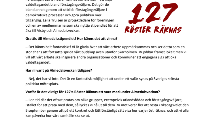 Almedalsstipendiet 2018 går till 127:s Röster Räknas