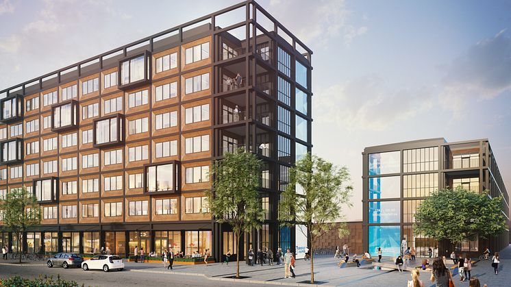 Man har valt högsta kvalitet på design och materialval på Stationshusen i Falkenberg. Exteriören består av svart stål och ek som harmonierar med varandra samt ger ett spännande uttryck. Illustration: White Arkitekter AB