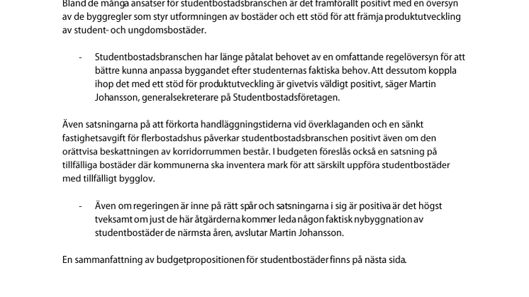 Positiva satsningar på studentbostäder i höstens budgetproposition