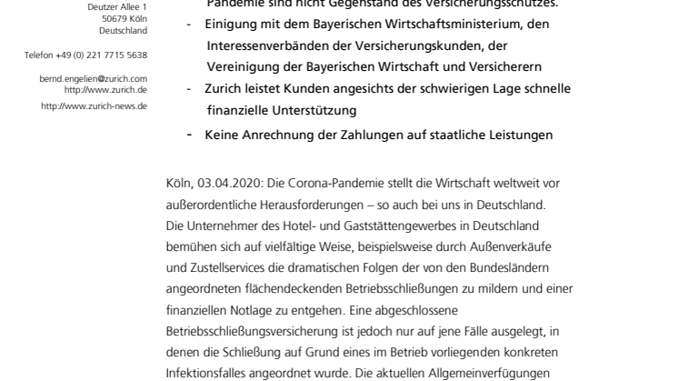 Betriebsschließungen: Zurich unterstützt Gewerbekunden 