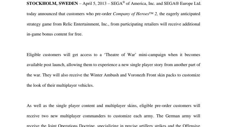 COMPANY OF HEROES™2 GLOBAL PRE-ORDER INCENTIVES ANNOUNCED