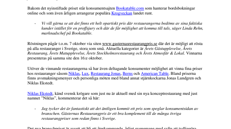 Matgästerna får makten i nyetablerade Gästernas Restaurangpris 