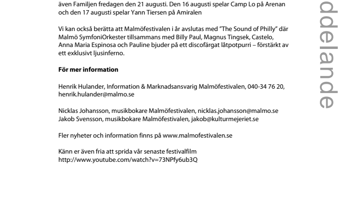 Lena & Orup, Yann Tiersen (FR), Familjen och Camp Lo (US) till Malmöfestivalen