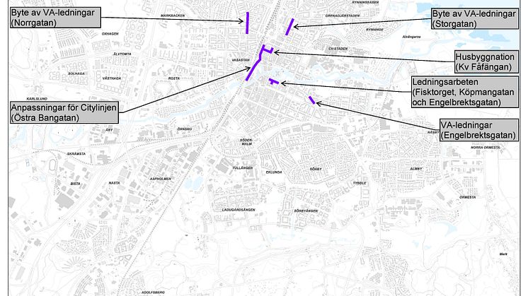 Karta över planerade gatuarbetena med större påverkan på framkomligheten i centrala Örebro under 2024.