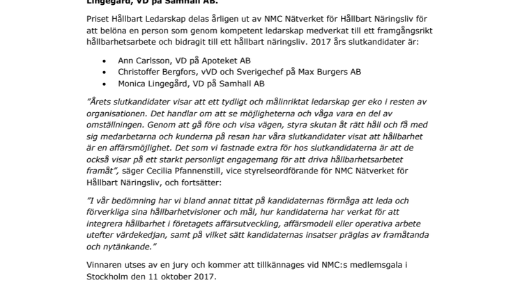 Christoffer Bergfors är nominerad till Hållbart Ledarskap 2017 - prisutdelning den 11 oktober