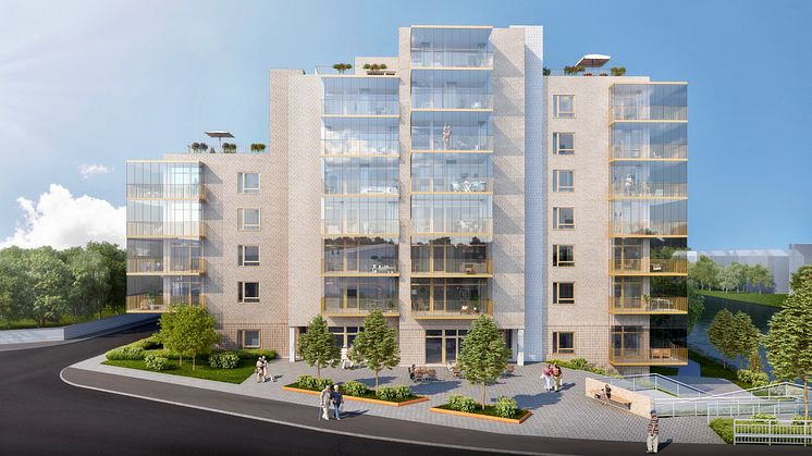 De nya bostadsrätterna i Ängelholm ligger vi Rönne å som slingrar sig genom staden. Här bor man centralt och vackert i grönskan och vid åkanten. Bild: Jais Arkitekter AB