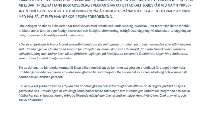 Eidar, Trollhättans Bostadsbolag skapar integrerande fastighetsutbildning