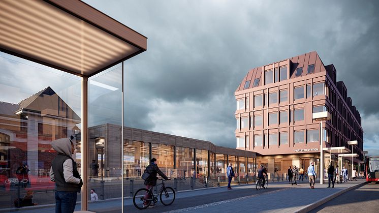 En skiss på hur ett nytt stationshus med en länk till gamla stationshuset skulle kunna se ut. Illustration: Jernhusen/Sweco.