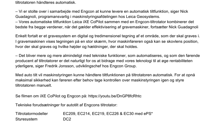 Verdensnyhed – Engcon tilter automatisk med Leica Geosystems