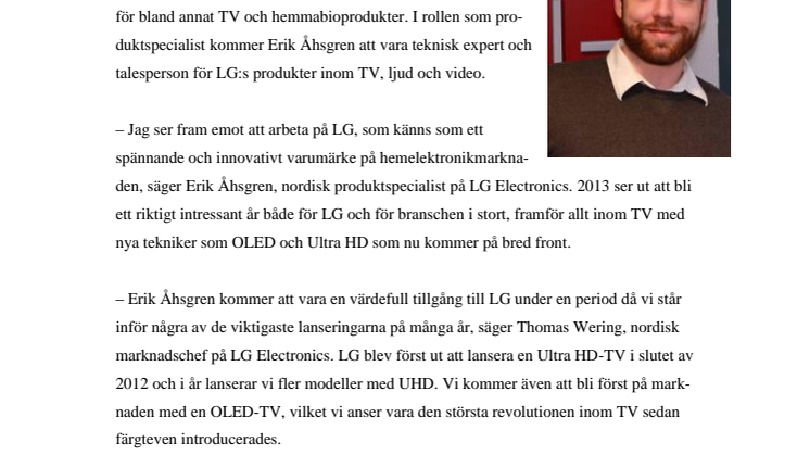 ERIK ÅHSGREN NY PRODUKTSPECIALIST FÖR TV/AV PÅ LG ELECTRONICS