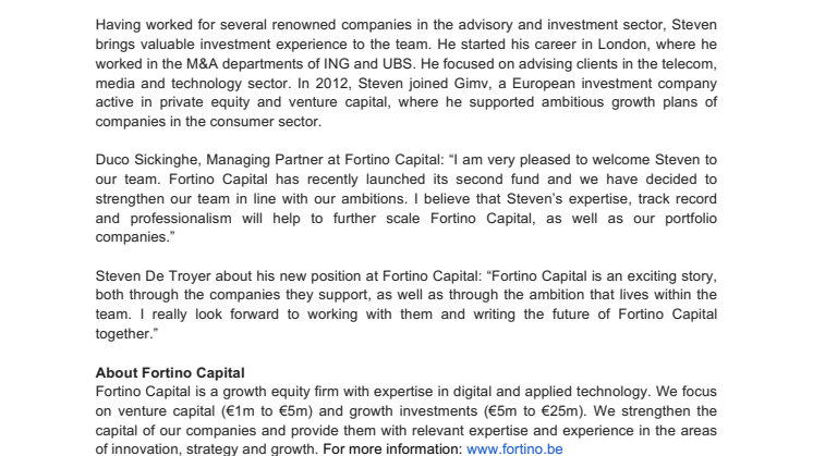 Steven De Troyer joins Fortino Capital as Investment Director