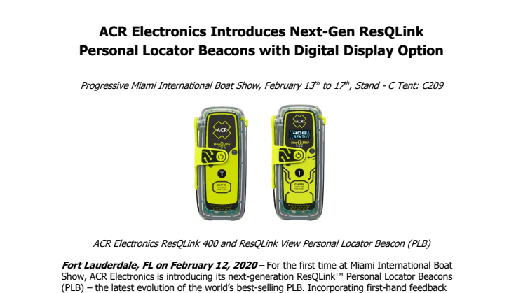 ACR Electronics Introduces Next-Gen ResQLink Personal Locator Beacons with Digital Display Option
