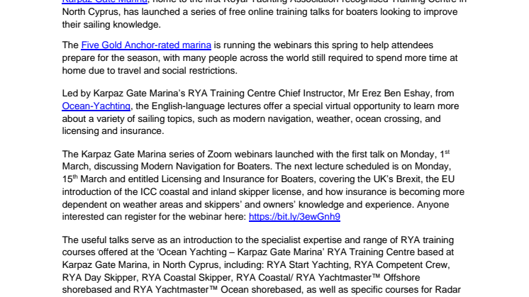 Karpaz Gate Marina Launches Free Online Training Talks Offering Tips and Guidance for Boaters