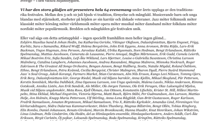 Musik vid Siljan släpper alla biljetter och hela programmet torsdag 5 maj!
