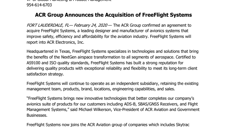 ACR Group Announces the Acquisition of FreeFlight Systems