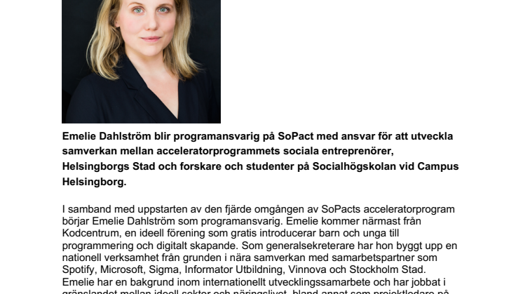 Emelie Dahlström blir programansvarig på SoPact