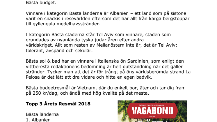 Vagabond utser årets resmål 2018 –  Albanien, Tel Aviv och Sardinien i topp