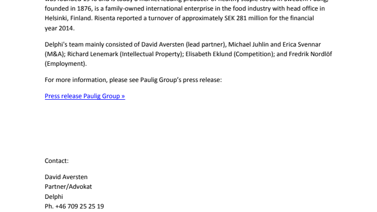 Delphi is representing Risenta AB on the sale to Paulig Group