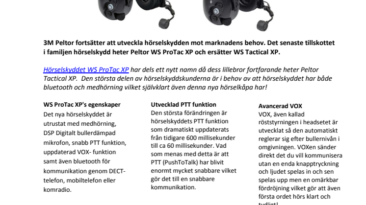 Peltor lanserar nya hörselsskydd, WS ProTac XP