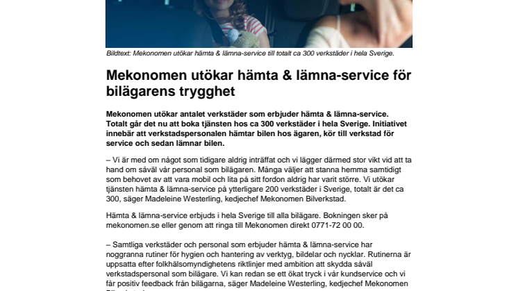 Mekonomen utökar hämta & lämna-service för bilägarens trygghet