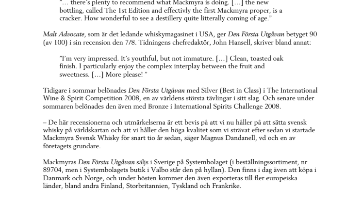 Internationella lovord för Svensk whisky