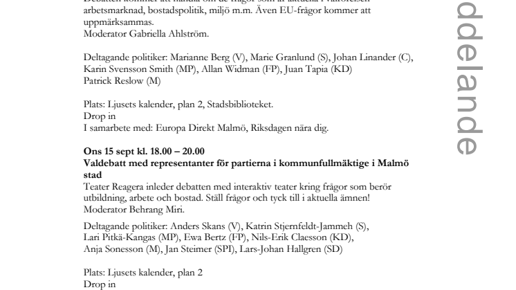Inför valet - Stadsbiblioteket onsdag 8 september: VALDEBATT 