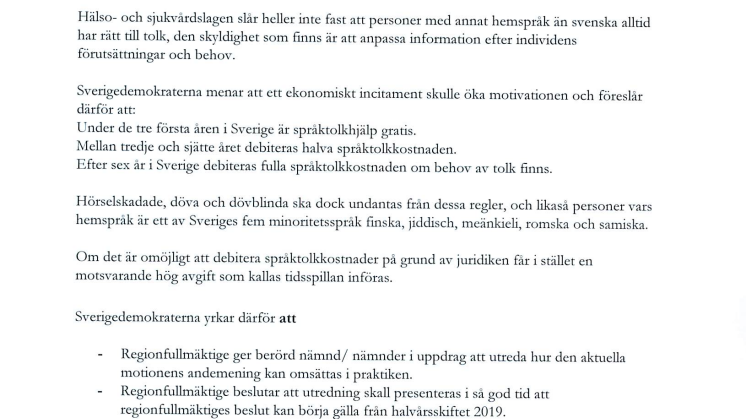 Motion: Utred möjligheterna att debitera kostnaderna för språktolk