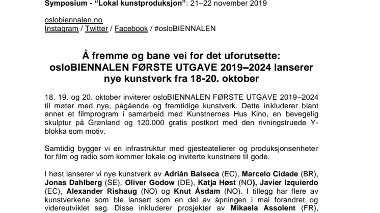 Å fremme og bane vei for det uforutsette: osloBIENNALEN FØRSTE UTGAVE 2019–2024 lanserer nye kunstverk fra 18-20. oktober 