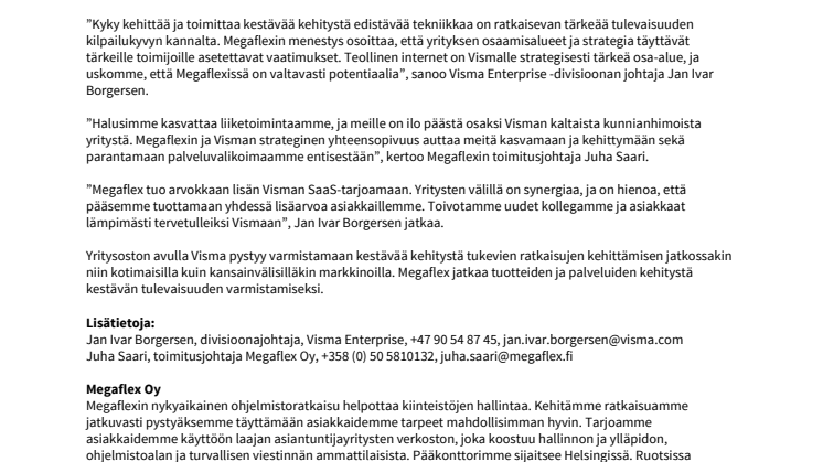 Visma-konserni ostaa Megaflex Oy:n ja vahvistaa keskittymistään teolliseen internetiin (IoT)