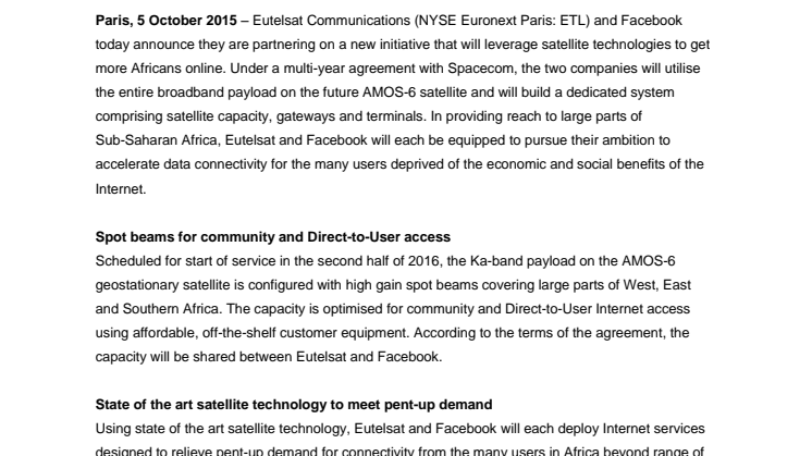 Eutelsat and Facebook to partner on satellite initiative to get more Africans online