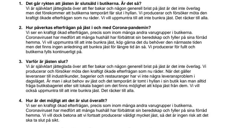 Frågor och svar om jästbrist i Coronatider