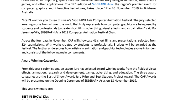 SIGGRAPH Asia 2019’s Computer Animation Festival celebrates computer graphics as a medium for storytelling