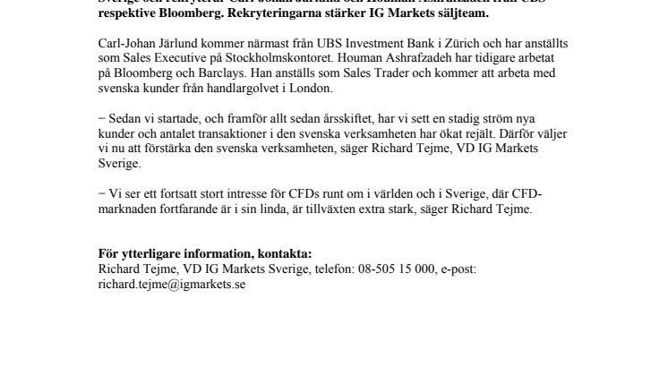 IG Markets Sverige expanderar – Anställer från UBS och Bloomberg