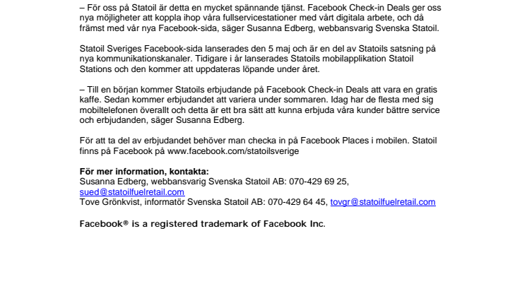 Statoil lanserar ny tjänst tillsammans med Facebook®