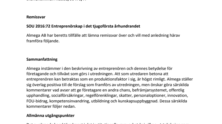 Almegas remissvar om entreprenörskapsutredningen