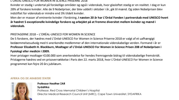 L'Oréal-UNESCO For Women in Science Internationale Priser 2018