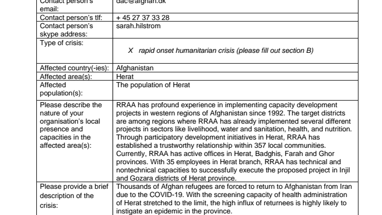 20-006-RO DERF Alert Note - COVID19 Herat Afghanistan and Occupied Palestinian Territories