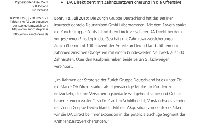 Zurich übernimmt Berliner Insurtech dentolo 