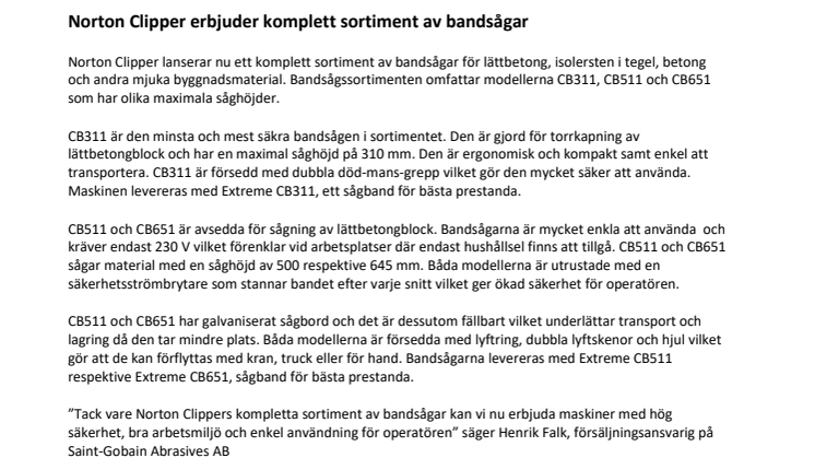 Norton Clipper erbjuder komplett sortiment av bandsågar